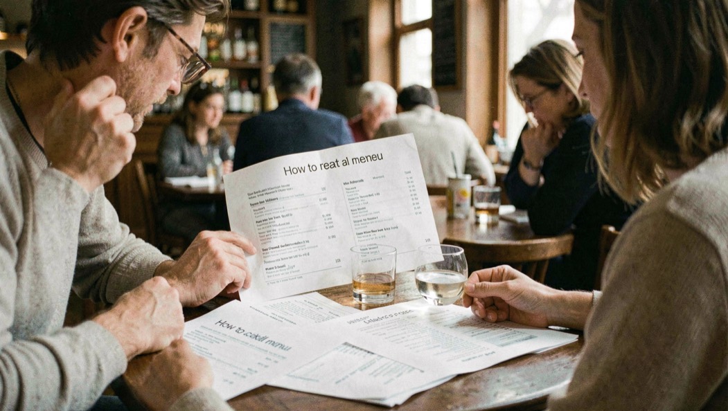A handwritten cocktail menu beside a measuring jigger